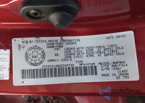 2002 Toyota Highlander z USA, uszkodzony, nr VIN JTEHF21A620044734